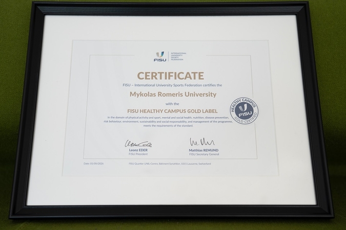 Mykolo Romerio universitetui suteiktas FISU „Healthy Campus Gold“ įvertinimas