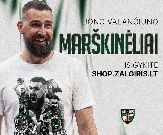 Sirgaliams: „Žalgiris“ kviečia sporto aistruolius įsigyti laisvalaikio marškinėlių su J. Valančiūno nuotraukomis.
