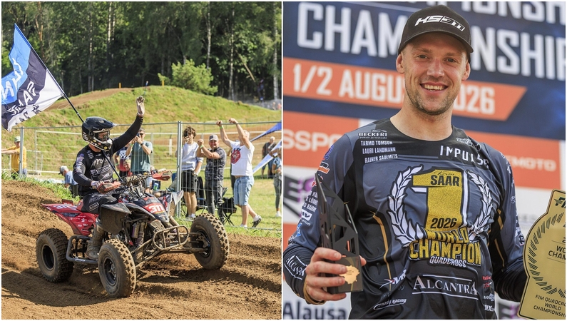 Triumfas: estas K. Saaras, užsitikrinęs pasaulio čempiono titulą, dėkojo į Mickūnų trasą suplūdusiems motokroso sirgaliams.