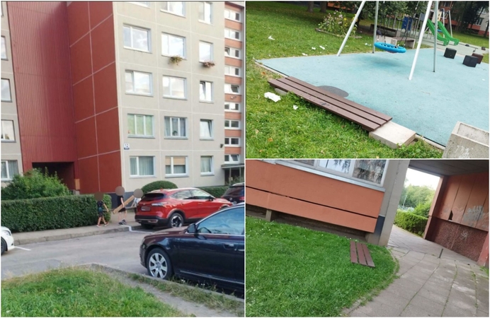 Vandalizmas: Taikos prospekto kieme vėl sulaužytas suoliukas – ne tik nutemptas iš savo vietos, bet jo dalimis žaidė ir vaikai.