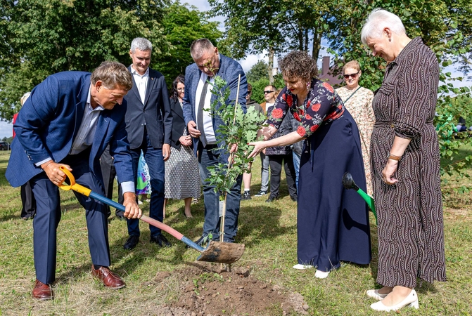 Pagarba: gražiu šventės akcentu tapo ąžuoliuko sodinimas kraštiečio, disko metiko A. Gudžiaus garbei. 