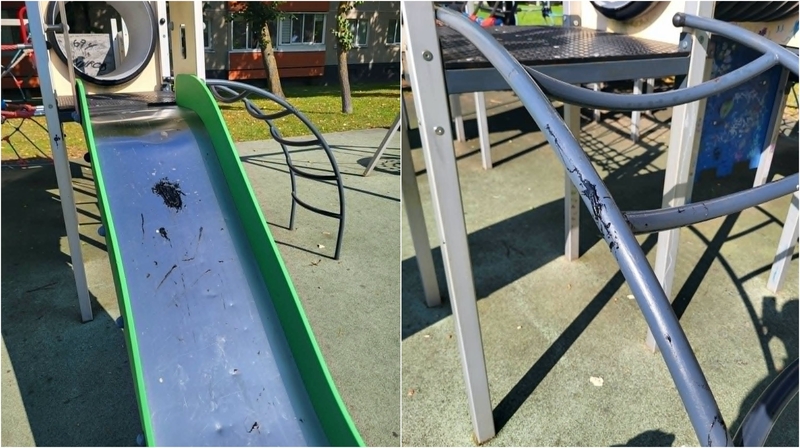 Terlionė: dar vienas vandalizmo atvejis – derva išteplioti vaikų žaidimų aikštelės įrenginiai ir necenzūriniais užrašais apipaišytas suoliukas.