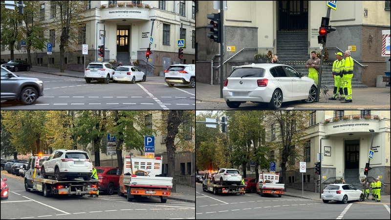 Kauno centre – ankstyvas BMW skrydis į šviesoforo stulpą