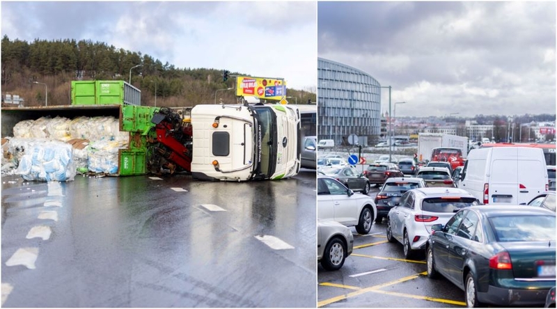 Avarija sostinėje: nuvirtus šiukšliavežei, eismą reguliuoja policija (papildytas)