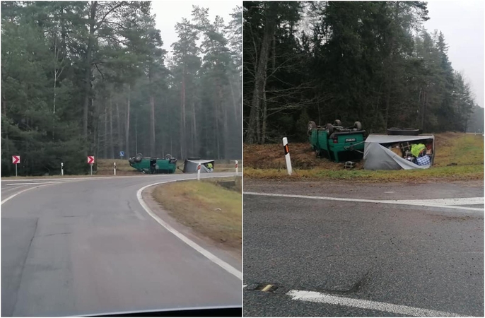 Kelyje Alytus-Valkininkai automobilis su priekaba kelionę baigė aukštyn ratais