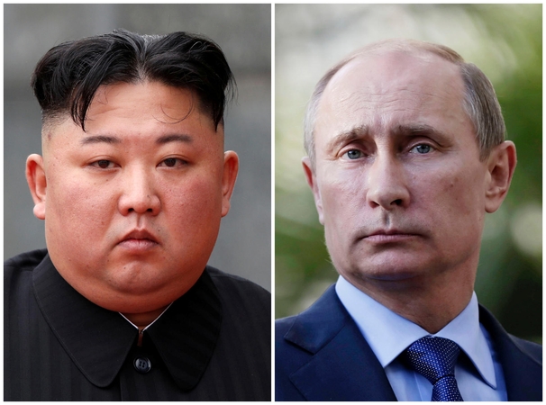 Kim Jong Unas (kairėje) Vladimiras Putinas