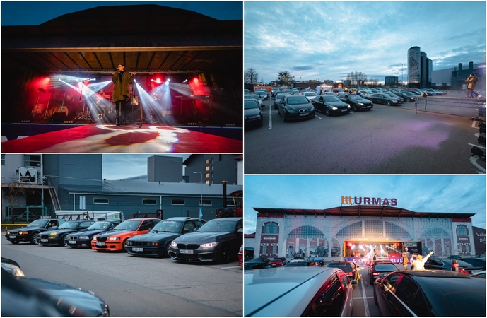 Pramogų pasiilgę kauniečiai koncertą „Urmo“ miestelio aikštelėje stebėjo automobiliuose