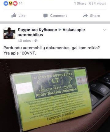 Akibrokštas: socialiniame tinkle pardavinėja automobilių registracijos liudijimus
