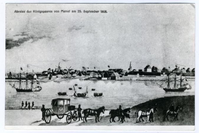 Fragmentai: senoviniame piešinyje užfiksuota, kaip karališkoji šeima karieta išvyksta iš Klaipėdos 1808-aisiais.